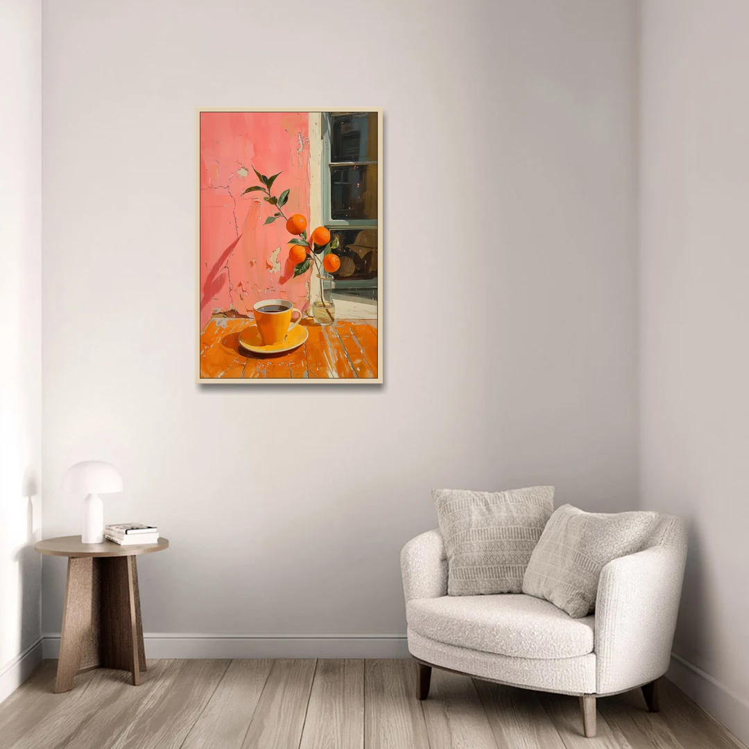 Coffee Painting with an Orange Sprig - Oak Framed Canvas Wall Art - Sofa - 24x36