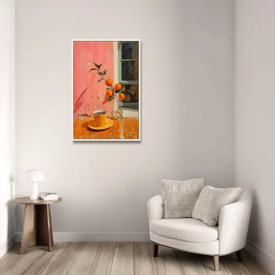 Coffee Painting with an Orange Sprig - White Framed Canvas Wall Art - Sofa - 24x36