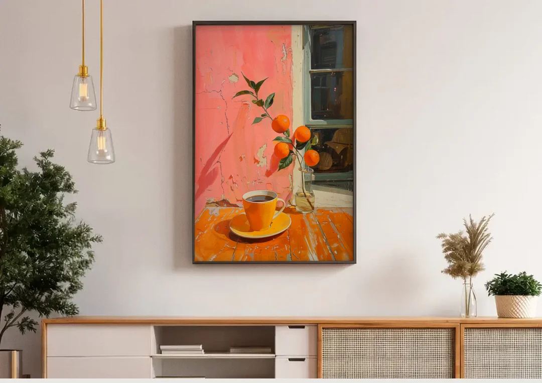 Coffee Painting with an Orange Sprig canvas wall art above a wooden sideboard under pendant lights