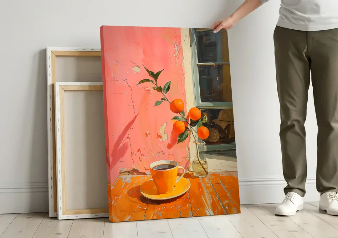 Coffee Painting with an Orange Sprig canvas wall art leaning against a wall next to blank canvases