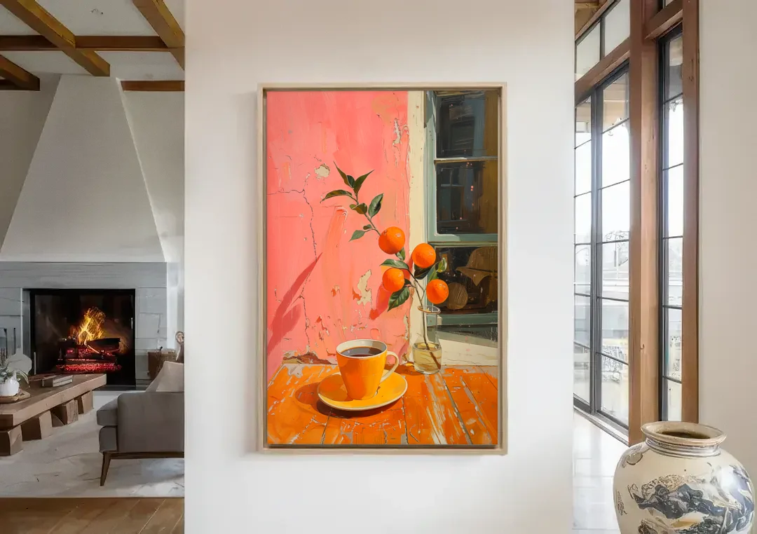 Coffee Painting with an Orange Sprig canvas wall art in a living room with a fireplace