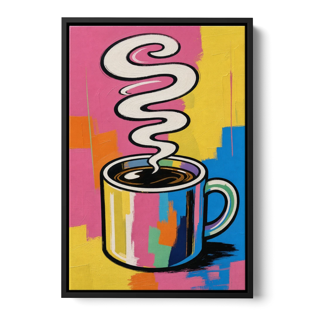 Coffee Pop Art Steaming Mug for the Kitchen - Black Framed Canvas Wall Art - Front
