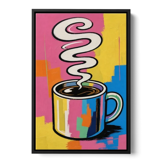 Coffee Pop Art Steaming Mug for the Kitchen - Black Framed Canvas Wall Art - Front
