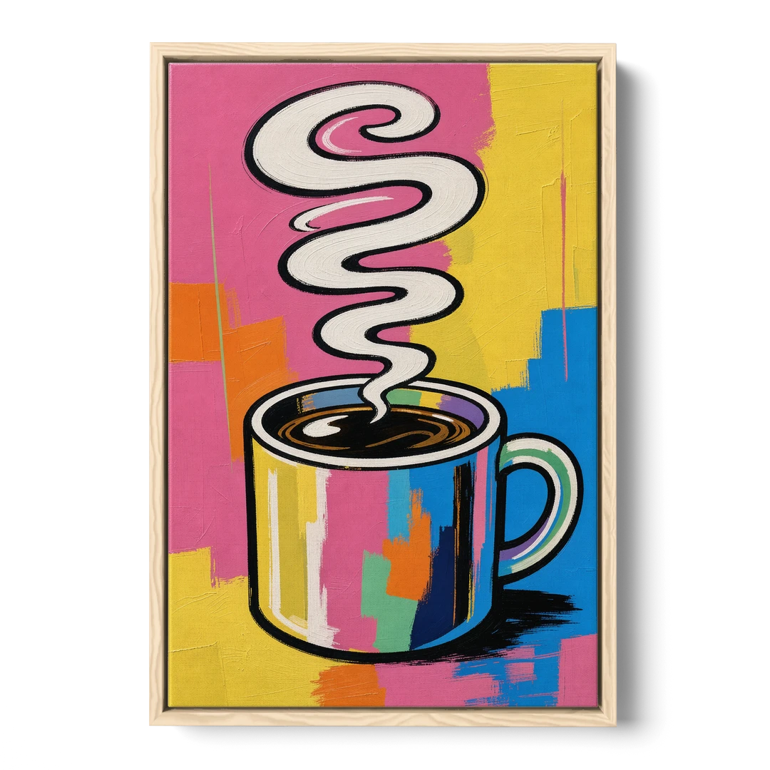 Coffee Pop Art Steaming Mug for the Kitchen - Oak Framed Canvas Wall Art - Front