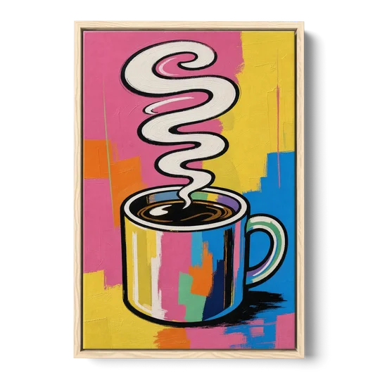 Coffee Pop Art Steaming Mug for the Kitchen - Oak Framed Canvas Wall Art - Front