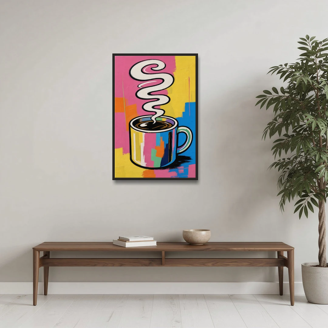 Coffee Pop Art Steaming Mug for the Kitchen - Black Framed Canvas Wall Art - Coffee Table - 24x36