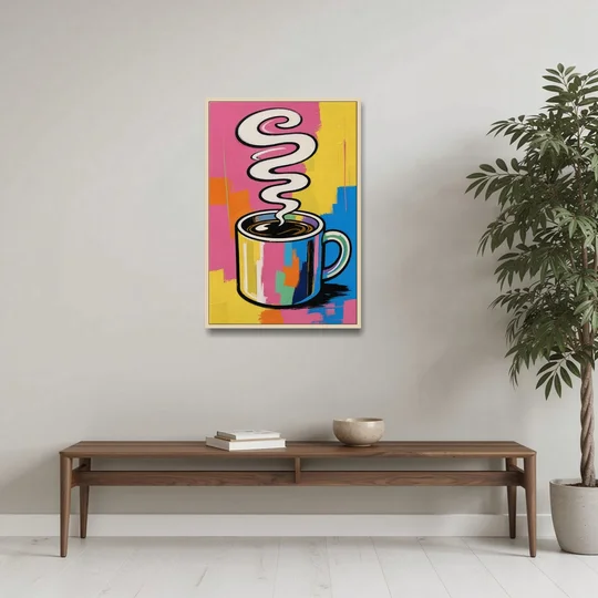 Coffee Pop Art Steaming Mug for the Kitchen - Oak Framed Canvas Wall Art - Coffee Table - 24x36