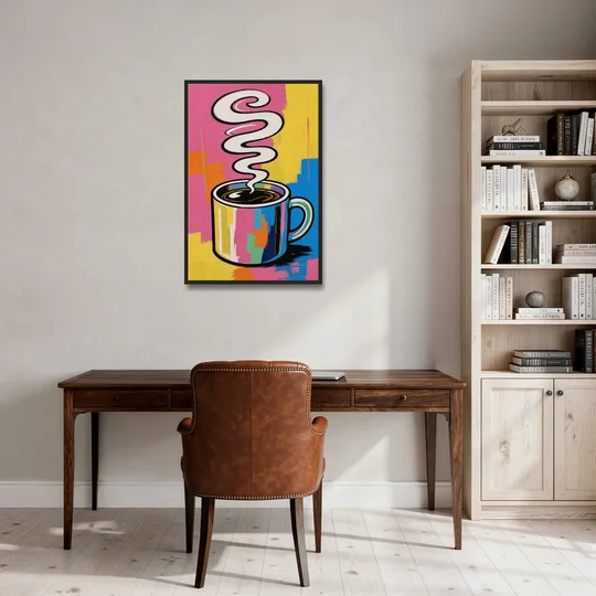 Coffee Pop Art Steaming Mug for the Kitchen - Black Framed Canvas Wall Art - Office - 24x36