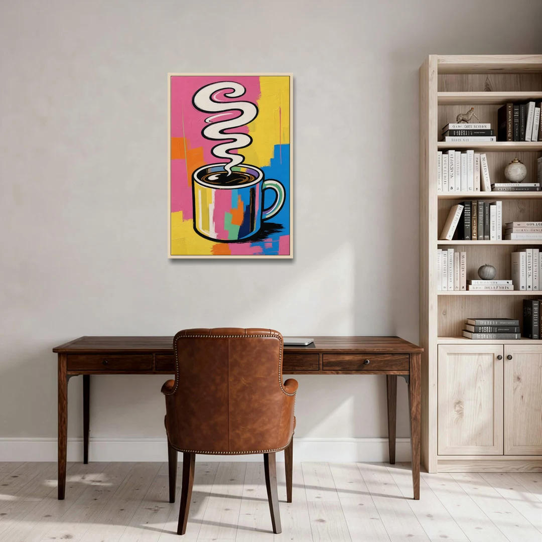 Coffee Pop Art Steaming Mug for the Kitchen - Oak Framed Canvas Wall Art - Office - 24x36