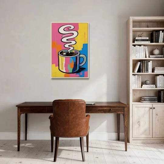 Coffee Pop Art Steaming Mug for the Kitchen - Oak Framed Canvas Wall Art - Office - 24x36