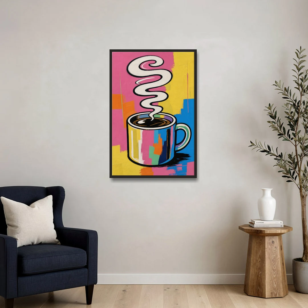 Coffee Pop Art Steaming Mug for the Kitchen - Black Framed Canvas Wall Art - Sofa - 24x36