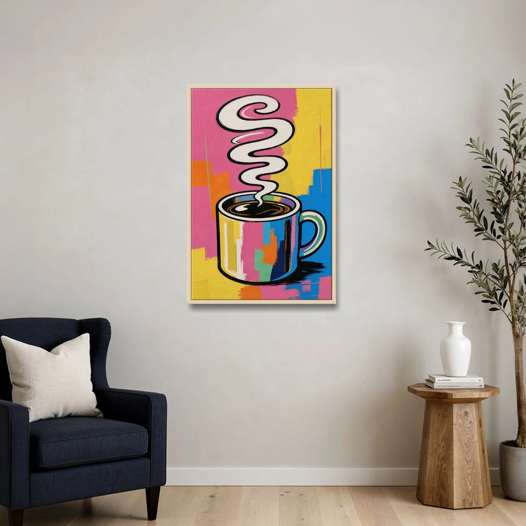 Coffee Pop Art Steaming Mug for the Kitchen - Oak Framed Canvas Wall Art - Sofa - 24x36