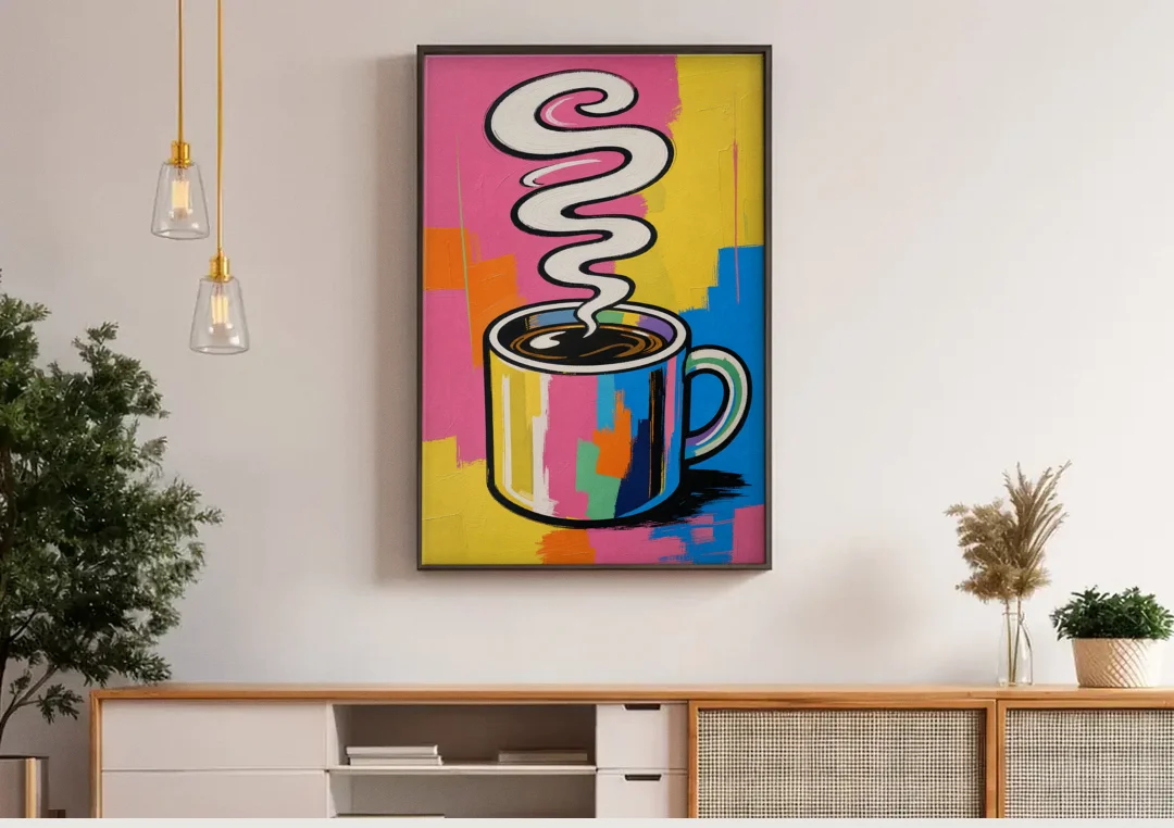 Coffee Pop Art Steaming Mug for the Kitchen canvas wall art above a wooden sideboard under pendant lights