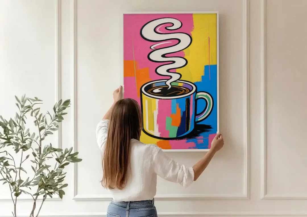 Coffee Pop Art Steaming Mug for the Kitchen canvas wall art being hung on a paneled wall