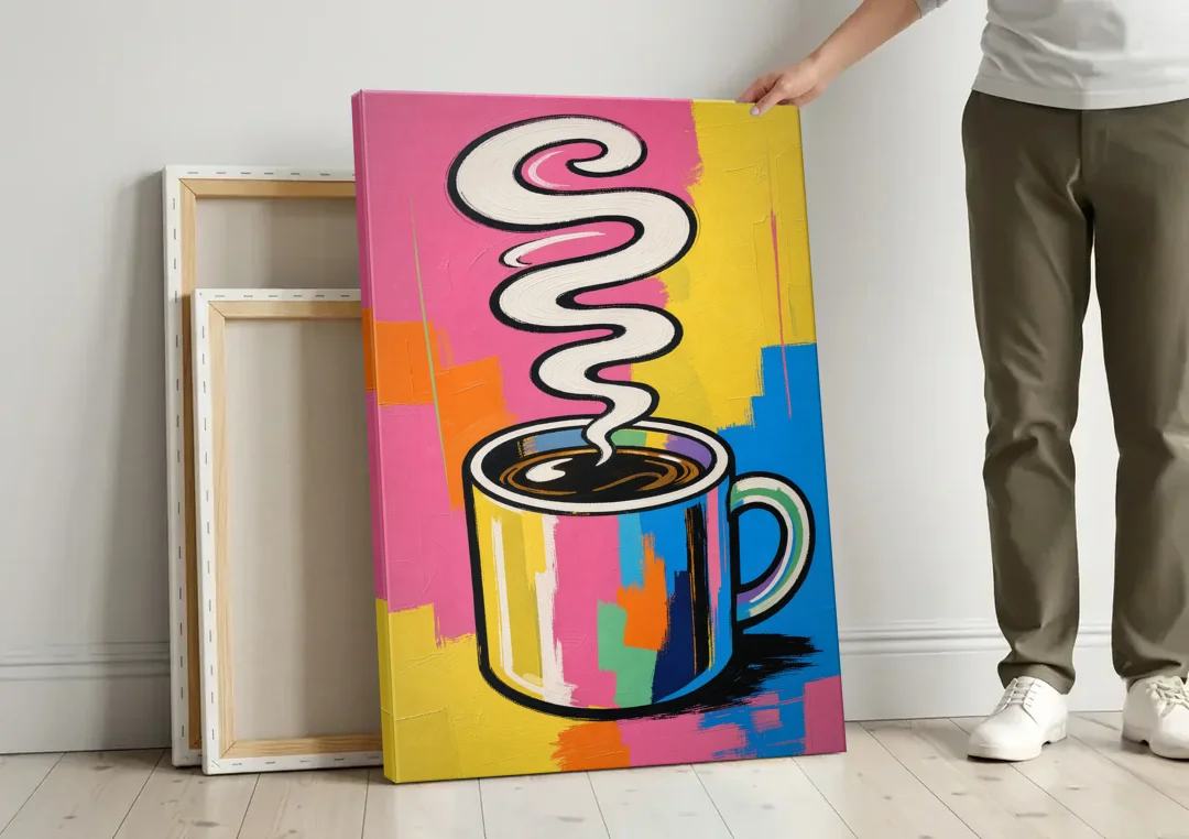 Coffee Pop Art Steaming Mug for the Kitchen canvas wall art leaning against a wall next to blank canvases