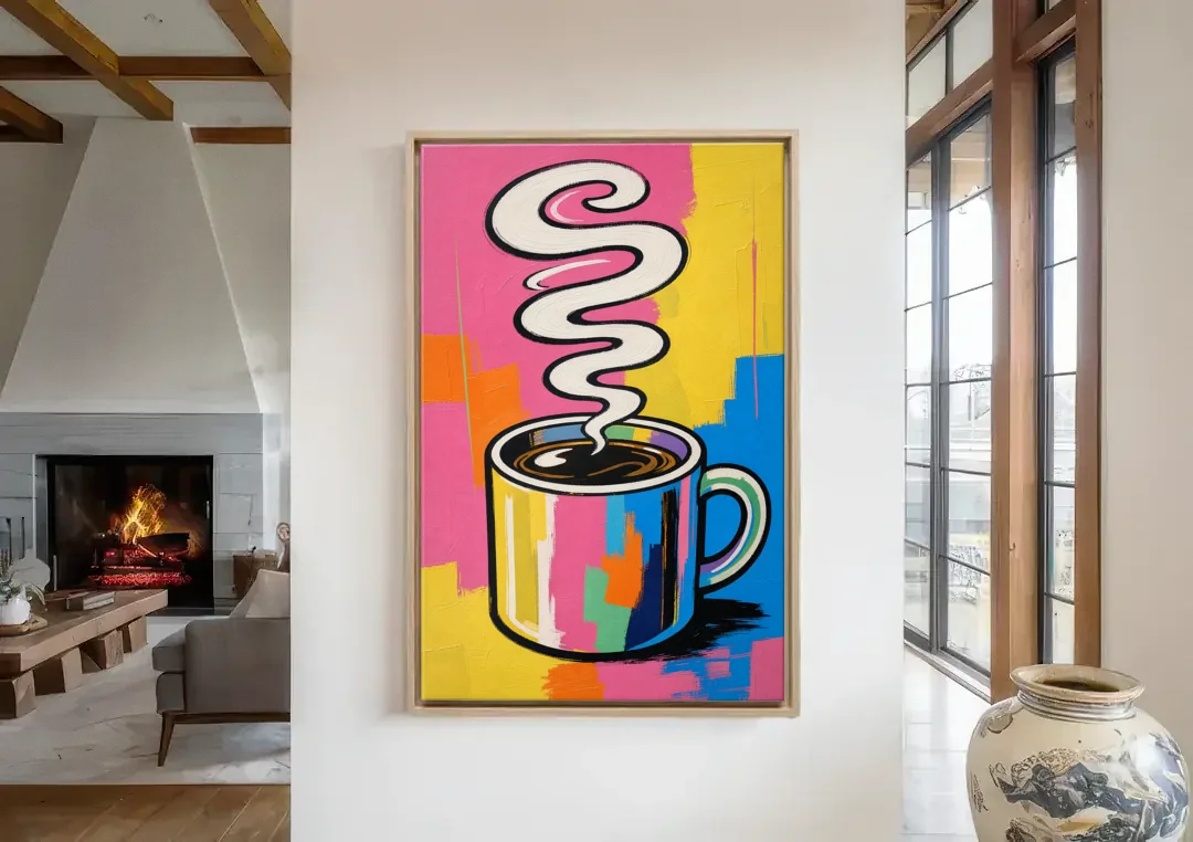 Coffee Pop Art Steaming Mug for the Kitchen canvas wall art in a living room with a fireplace