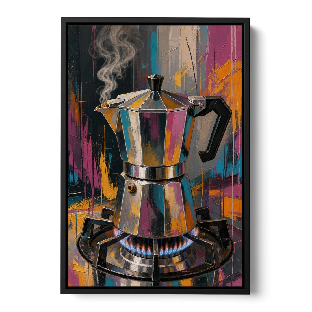 Coffee Pot Painting on the Blue Flame - Black Framed Canvas Wall Art - Front