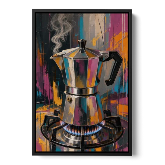 Coffee Pot Painting on the Blue Flame - Black Framed Canvas Wall Art - Front