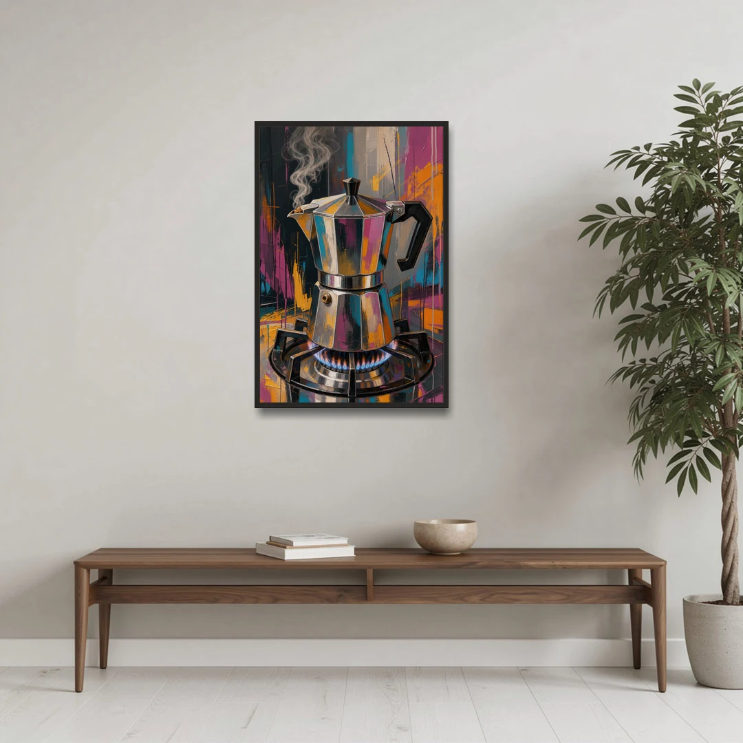 Coffee Pot Painting on the Blue Flame - Black Framed Canvas Wall Art - Coffee Table - 24x36