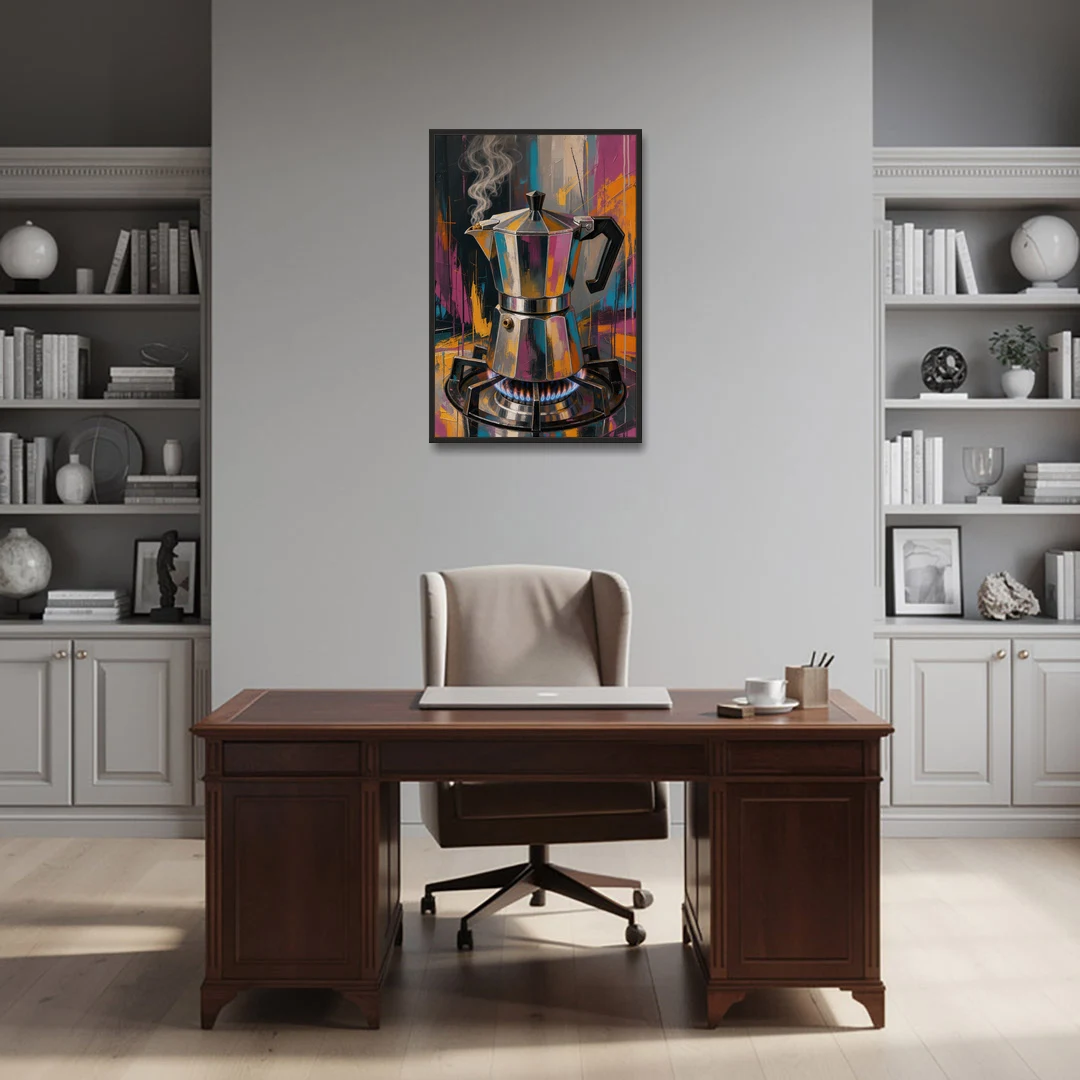 Coffee Pot Painting on the Blue Flame - Black Framed Canvas Wall Art - Office - 24x36