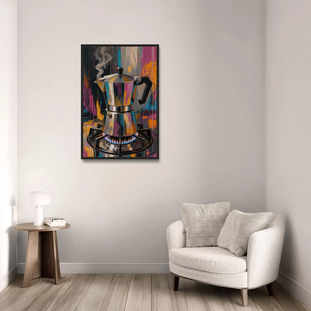 Coffee Pot Painting on the Blue Flame - Black Framed Canvas Wall Art - Sofa - 24x36