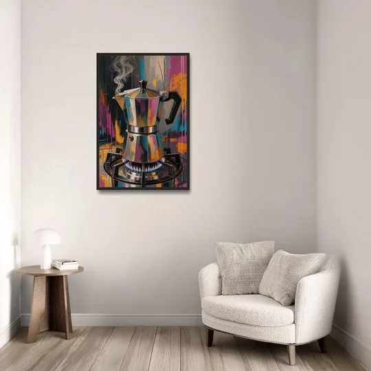 Coffee Pot Painting on the Blue Flame - Black Framed Canvas Wall Art - Sofa - 24x36