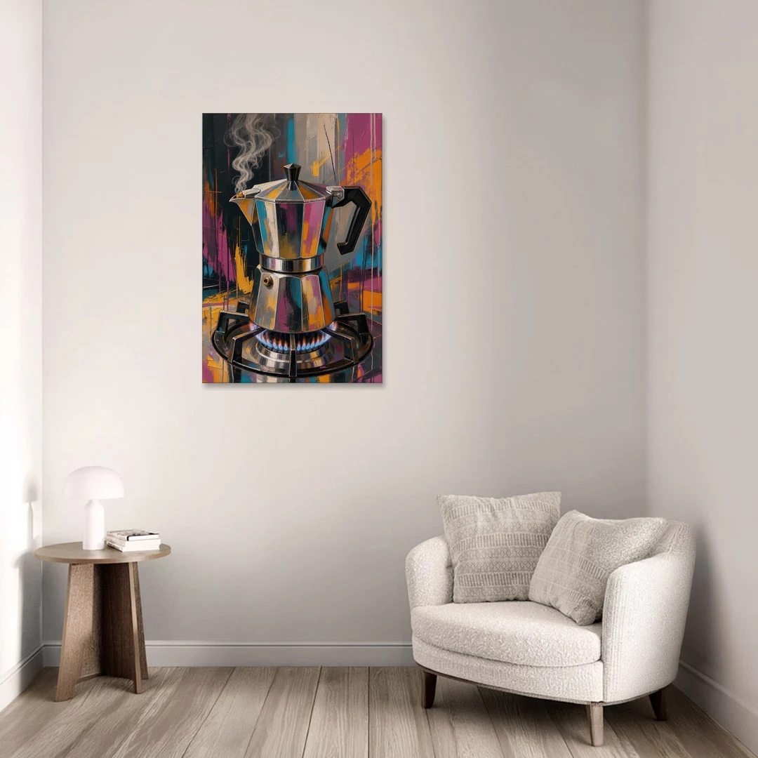 Coffee Pot Painting on the Blue Flame - Canvas Wall Art - Sofa - 24x36