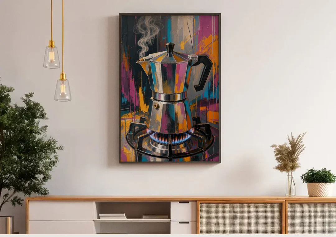 Coffee Pot Painting on the Blue Flame canvas wall art above a wooden sideboard under pendant lights