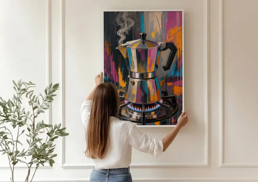 Coffee Pot Painting on the Blue Flame canvas wall art being hung on a paneled wall