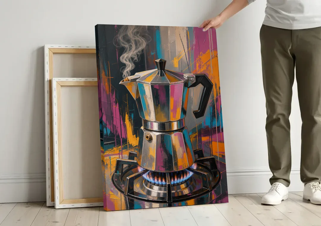 Coffee Pot Painting on the Blue Flame canvas wall art leaning against a wall next to blank canvases