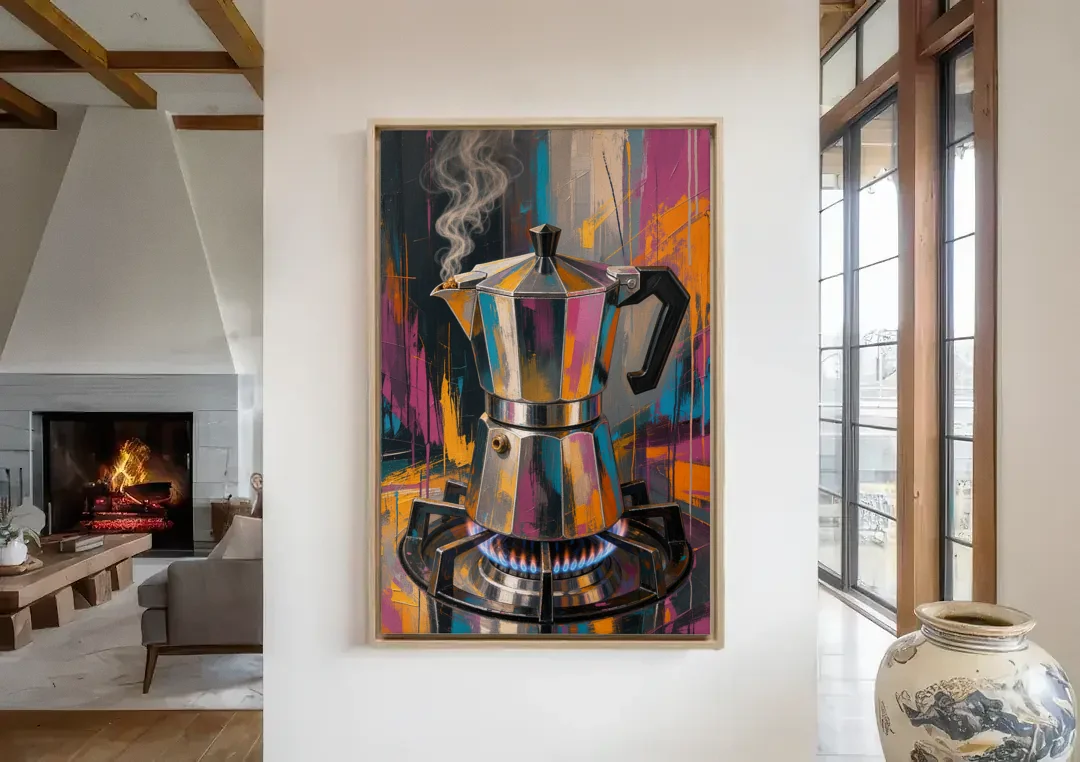Coffee Pot Painting on the Blue Flame canvas wall art in a living room with a fireplace