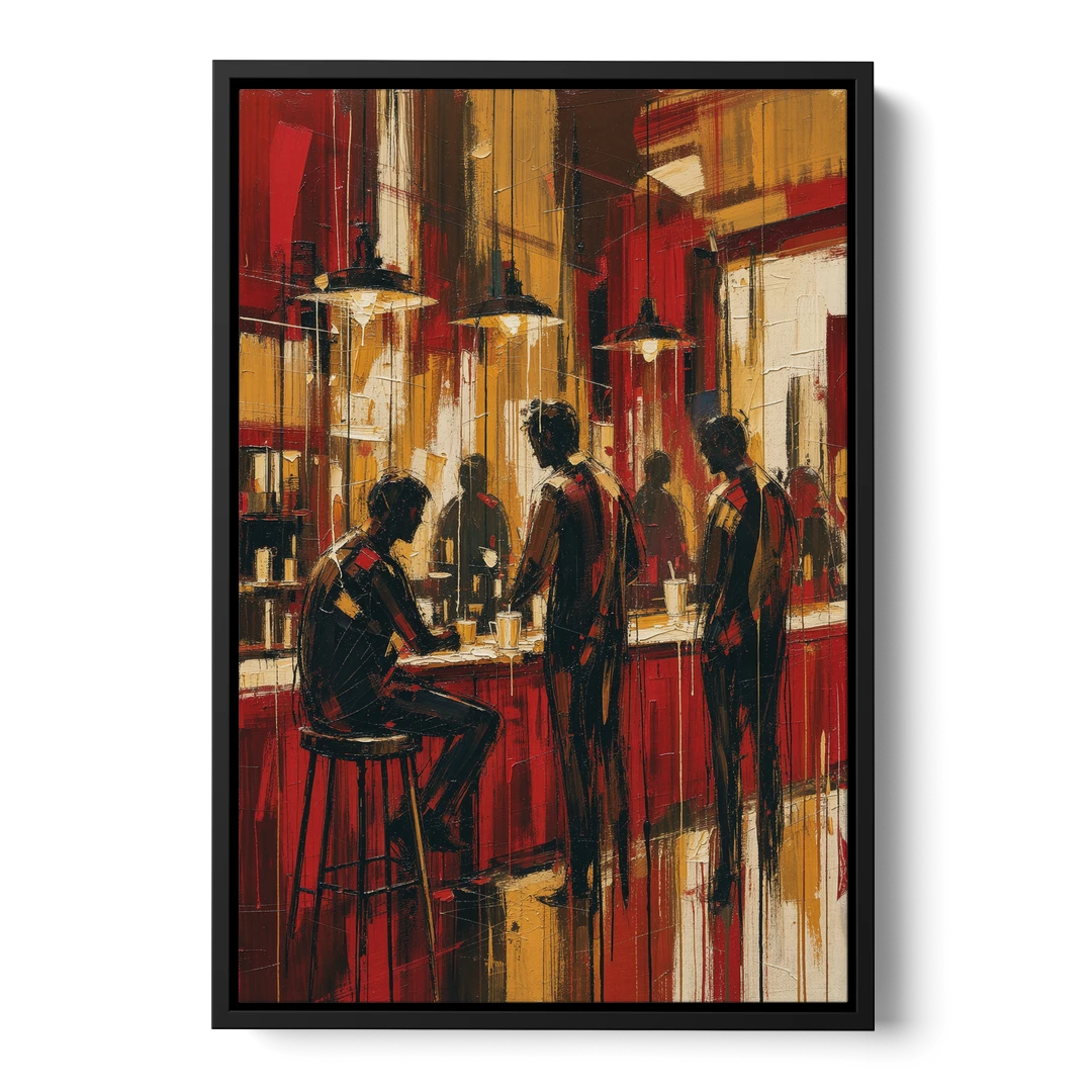 Coffee Shop Decor with Figures at the Counter - Black Framed Canvas Wall Art - Front