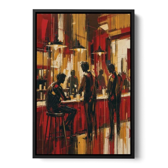 Coffee Shop Decor with Figures at the Counter - Black Framed Canvas Wall Art - Front