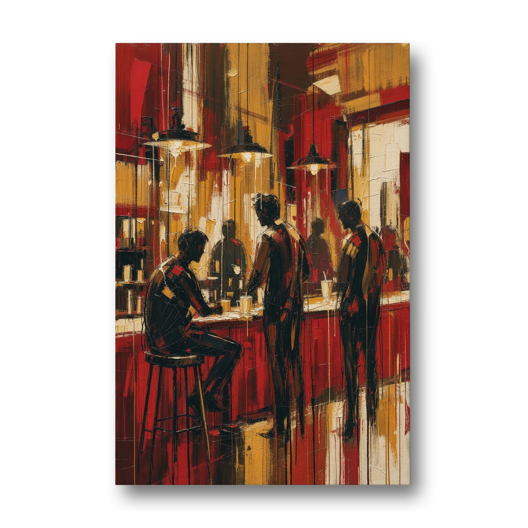 Coffee Shop Decor with Figures at the Counter - Canvas Wall Art - Front