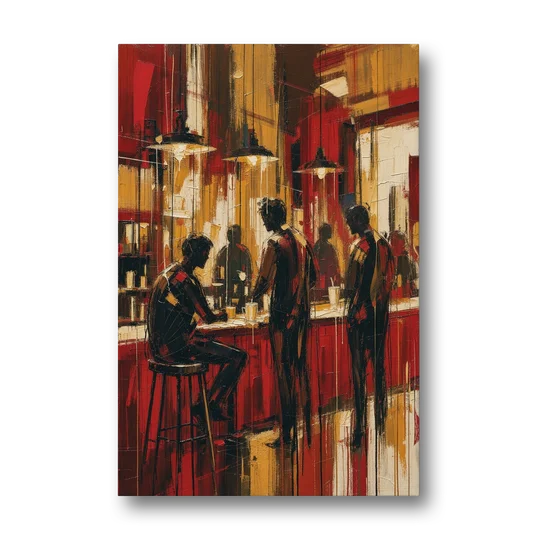 Coffee Shop Decor with Figures at the Counter - Canvas Wall Art - Front
