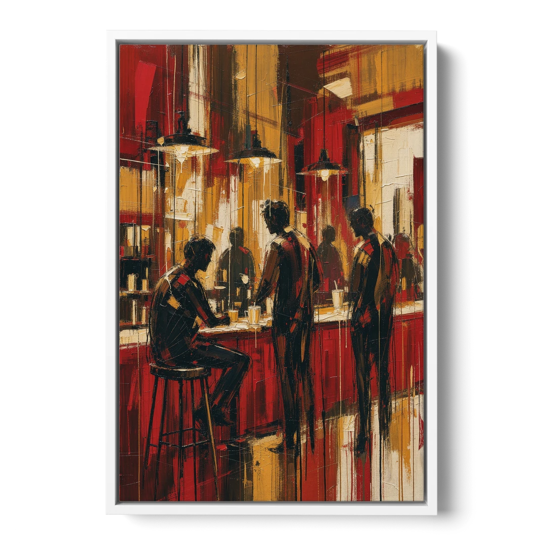 Coffee Shop Decor with Figures at the Counter - White Framed Canvas Wall Art - Front