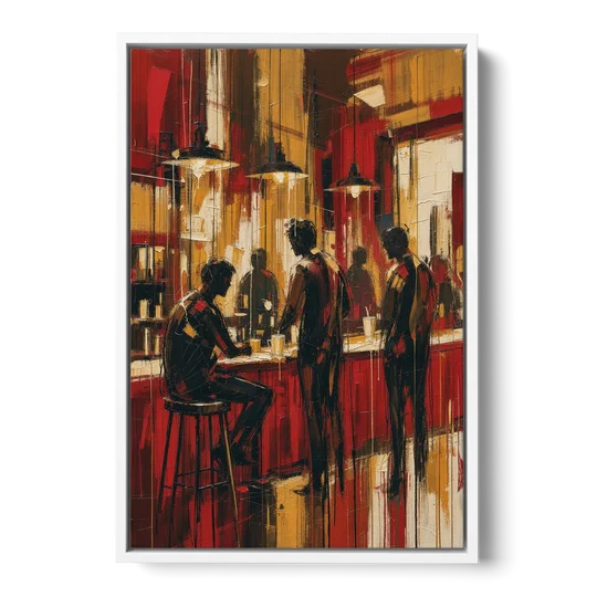 Coffee Shop Decor with Figures at the Counter - White Framed Canvas Wall Art - Front