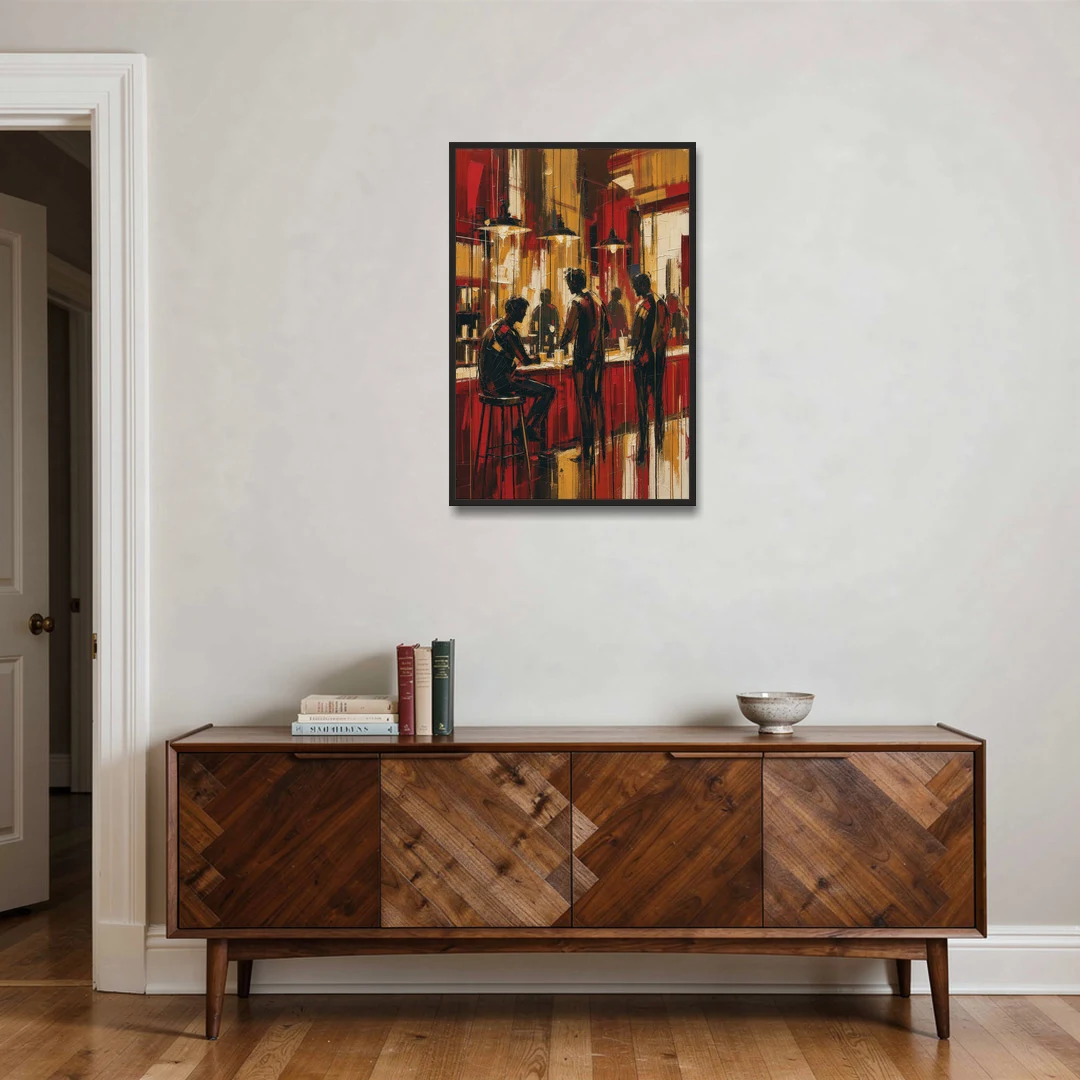 Coffee Shop Decor with Figures at the Counter - Black Framed Canvas Wall Art - Coffee Table - 24x36