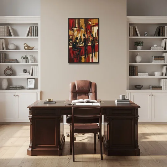 Coffee Shop Decor with Figures at the Counter - Black Framed Canvas Wall Art - Office - 24x36