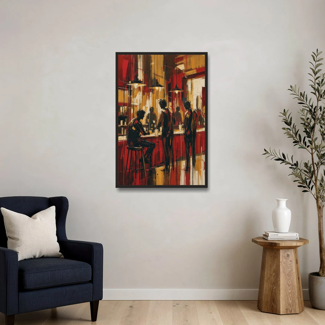 Coffee Shop Decor with Figures at the Counter - Black Framed Canvas Wall Art - Sofa - 24x36