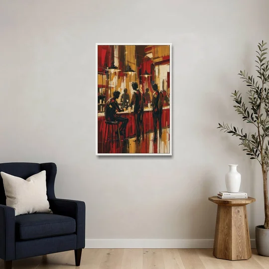 Coffee Shop Decor with Figures at the Counter - White Framed Canvas Wall Art - Sofa - 24x36