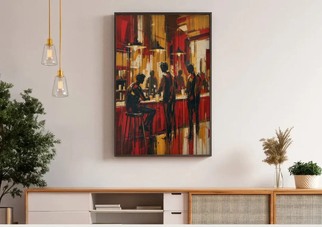 Coffee Shop Decor with Figures at the Counter canvas wall art above a wooden sideboard under pendant lights