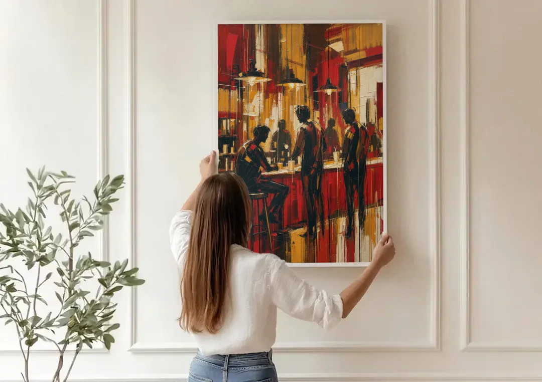 Coffee Shop Decor with Figures at the Counter canvas wall art being hung on a paneled wall