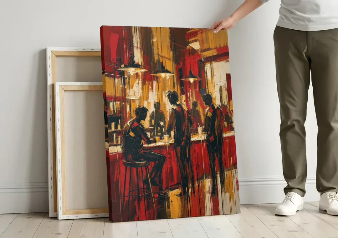 Coffee Shop Decor with Figures at the Counter canvas wall art leaning against a wall next to blank canvases