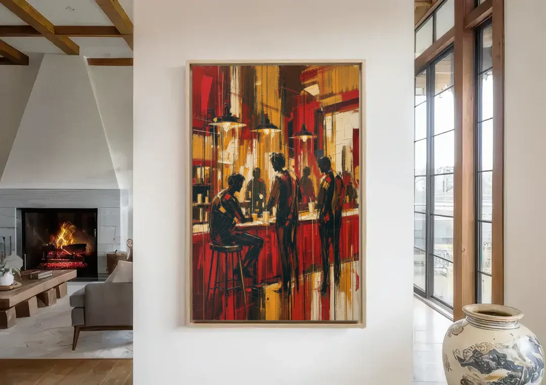 Coffee Shop Decor with Figures at the Counter canvas wall art in a living room with a fireplace
