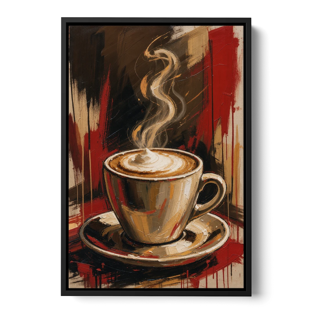 Coffee Station Decor with a Crimson Cappuccino - Black Framed Canvas Wall Art - Front