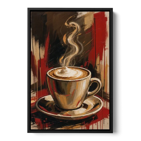 Coffee Station Decor with a Crimson Cappuccino - Black Framed Canvas Wall Art - Front