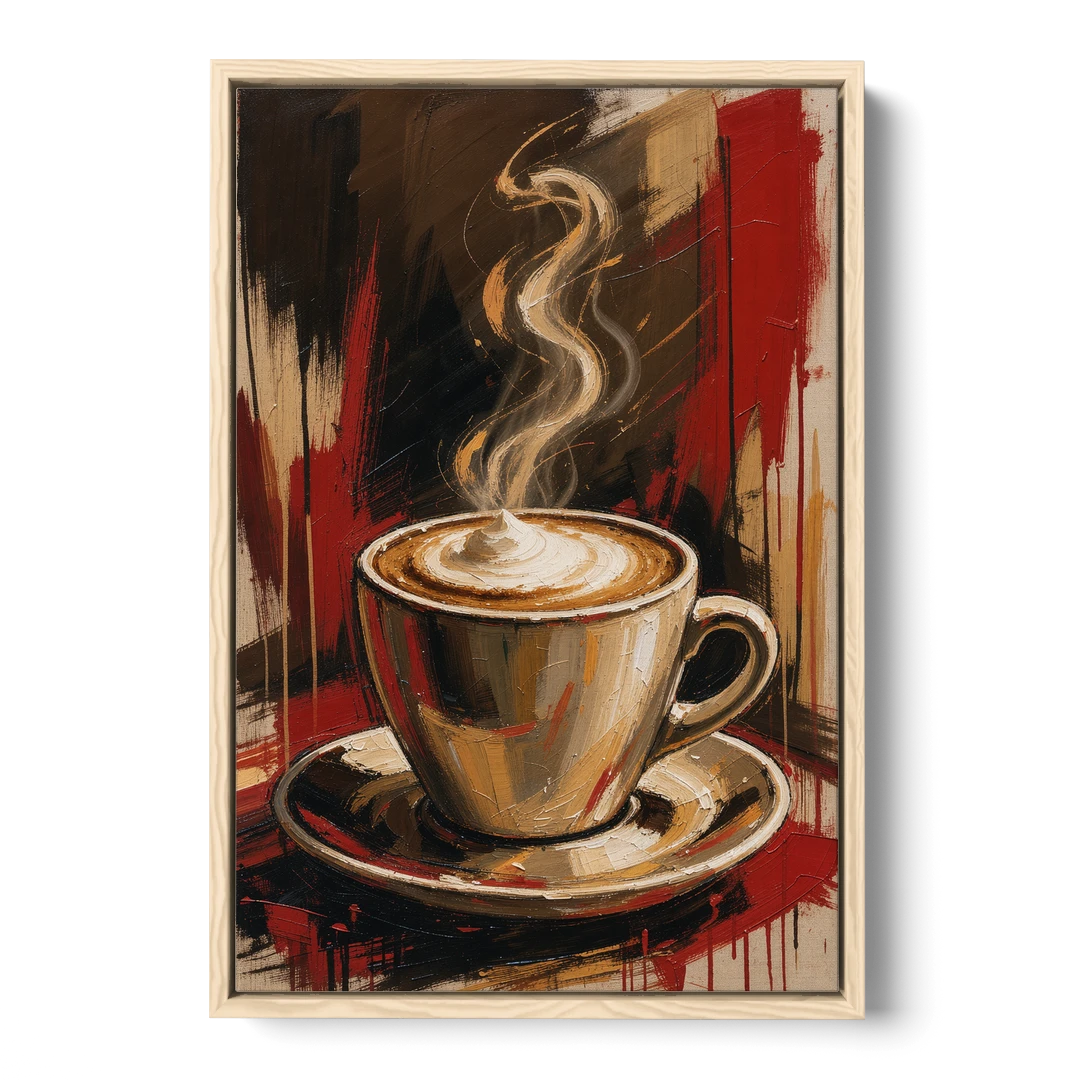 Coffee Station Decor with a Crimson Cappuccino - Oak Framed Canvas Wall Art - Front