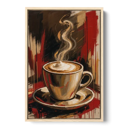Coffee Station Decor with a Crimson Cappuccino - Oak Framed Canvas Wall Art - Front