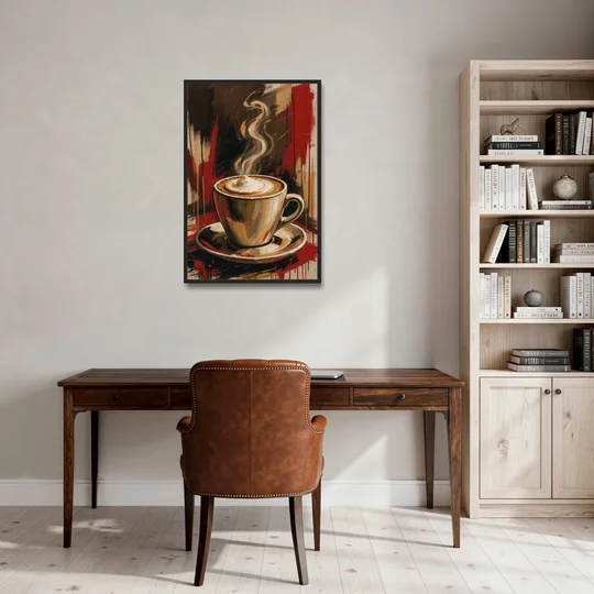Coffee Station Decor with a Crimson Cappuccino - Black Framed Canvas Wall Art - Office - 24x36